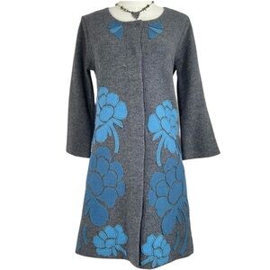 Ruby24 Jacket Merino Wool Coat Floral Embroidered Sweater Blue Gray Size Small